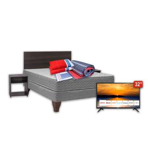 Combo Cama Europea Celta 2 Plazas New Atlantis + LED 32" Hyundai Smart TV + Respaldo + 2 Veladores + Set Textiles + 2 Almohadas