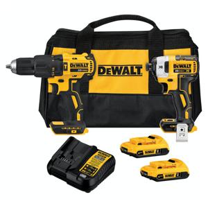 DeWalt Taladro Percutor 20v + Atornillador Impacto 20v Sin Carbones + 2 Baterías + Cargador + 2 Ganchos + Bolso