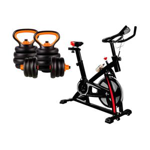 Pack Bicicleta Spinning Fitness + Set Pesas 20 Kg Kettlebel