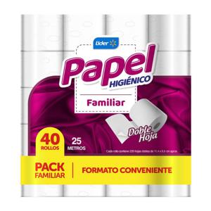 Papel Higiénico Familiar 25 Metros Doble Hoja 40 Un Lider