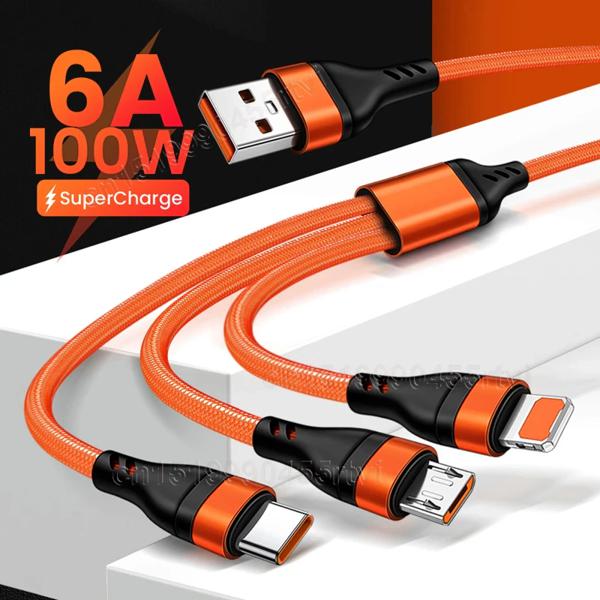 Cable De Carga rápida 3 en 1, Micro USB, Tipo C, e IP, 6A 100W