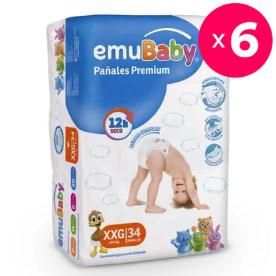 Pack 6 Pañales Desechables Premium, Talla XXG, 34 Uds C/U, Emubaby