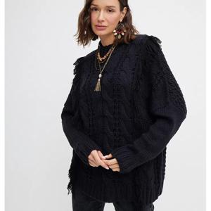 Sweater Estilo Poncho, Con Flecos Negro Umbrale