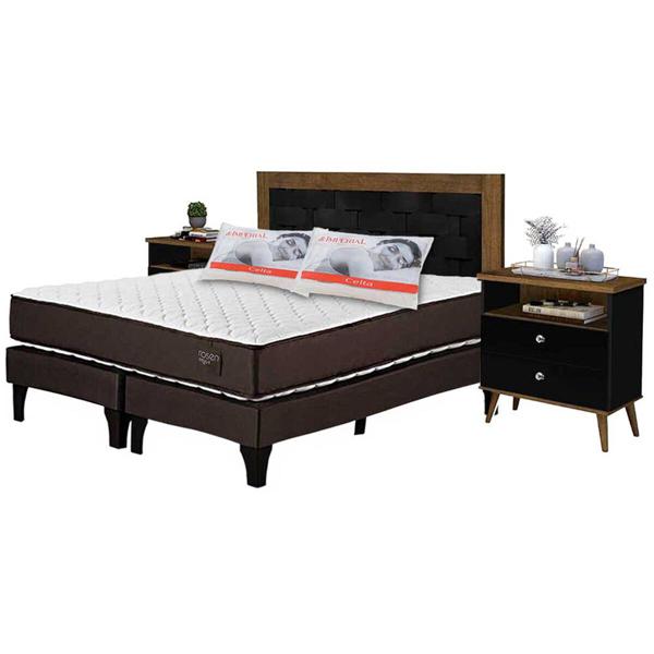 Cama Europea Rosen Base Dividida 2 Plazas + Respaldo + 2 Veladores Dreams + 2 Almohadas Celta