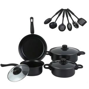 Set Batería + Utensilios 13 Piezas Tapas De Vidrio Negro