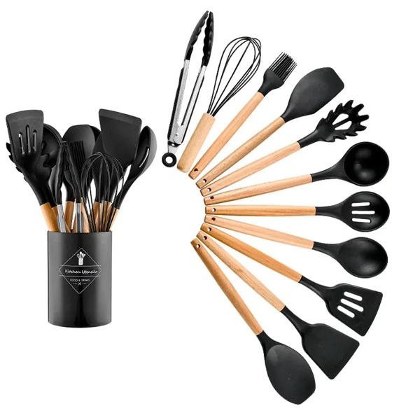 Set De 12 Piezas Utensilios De Cocina Silicona Negro Kitchen