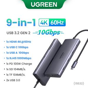 Ugreen Hub Usb-C 9 en 1, 10 Gbps, 4K60Hz, Ethernet, PD100W