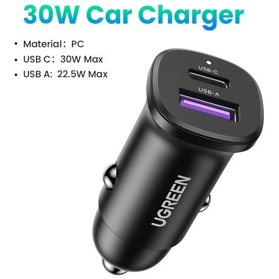 Cargador USB Ugreen Para Auto, de 2 Puertos. 1 USB-C (30 W) y 1 USB-A (22.5 W)