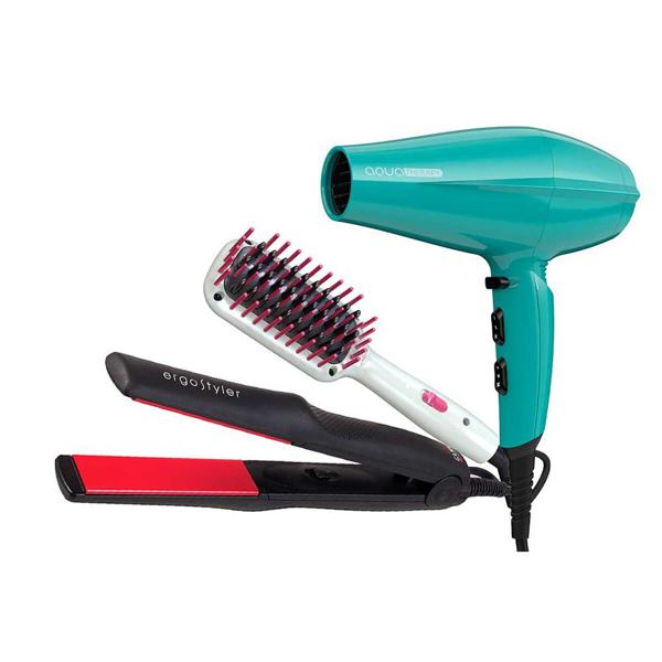 Combo Secador Gama Brilliant Aqua Therapy + Alisador Ergostyler + Cepillo Innova Hot Brush