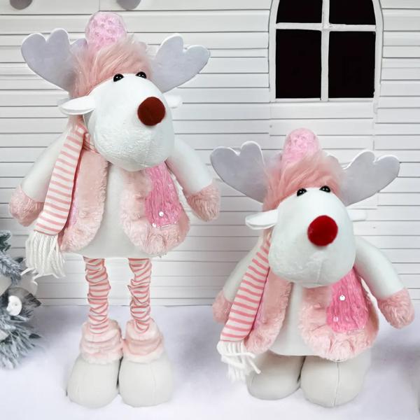 Muñeco Patas Largas Decoración Navidad 60 Cm Reno Rosa Blanco