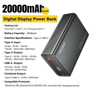 Essager Power Bank 20.000mAh Portátil PD 65W Carga Rápida