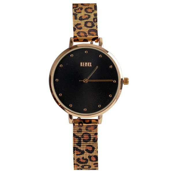 Reloj Mesh Dorado 2 Correas Animal Print Y Eco Cuero Negro