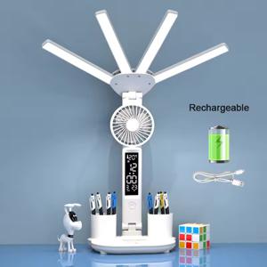 Multi Lámpara Recargable, USB, Reloj, Temperatura, Intensidad de Luz Regulable, Ventilador