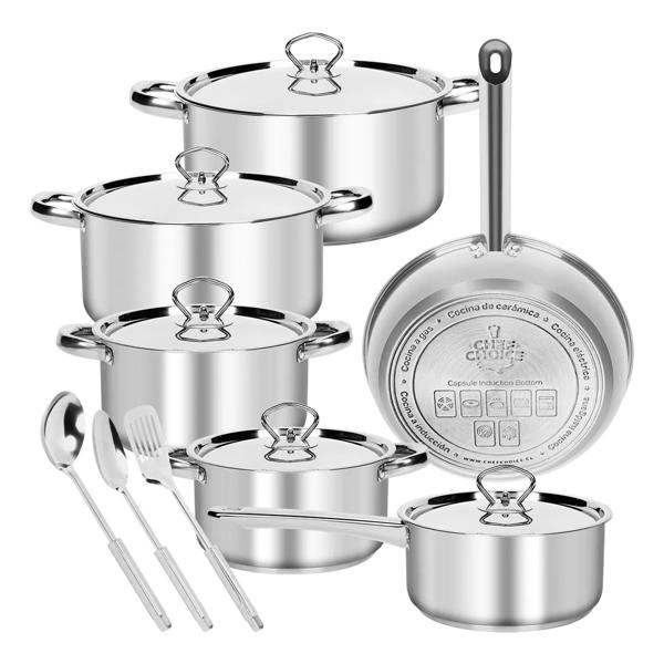 Batería De Cocina 15 Piezas Doble Fondo Acero Inoxidable Color Plateado Chef Choice
