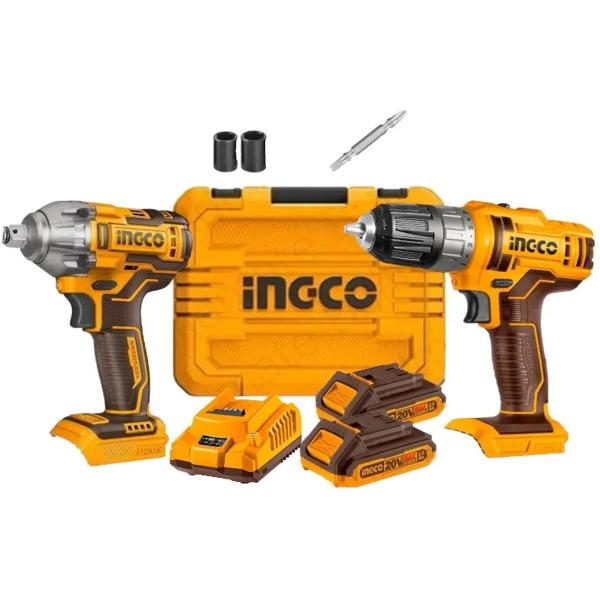 Kit Pack Inalámbrico Ingco 20v Taladro + Llave Impacto Bl Cosli230702 + Baterias