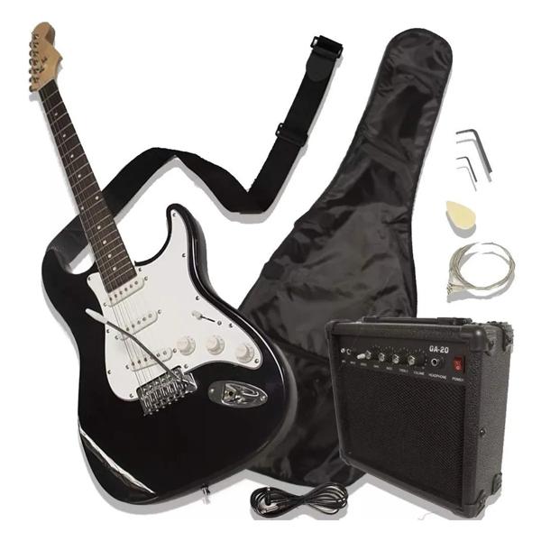 Combo guitarra eléctrica stratocaster negra + amplificador 20w Audiotek
