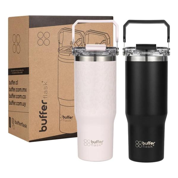 Vaso Termico Set X2 Mug Botella Agua Buffer Acero Inoxidable Pinky Leopard + Black