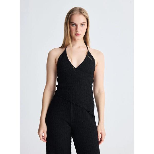 Polera Tejida Texturizado sin Manga con Escote V Asimétrico