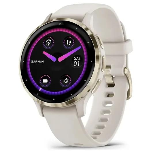 Reloj inteligente Garmin Venu 3s Soft Gold Ivory con carcasa y pulsera blanca