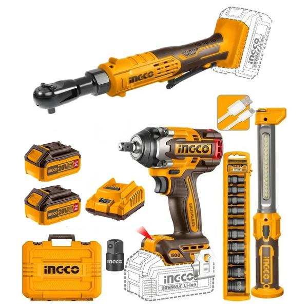 Kit Llave de Impacto 500Nm, Chicharra, Linterna y 10 Dados Ingco 20V
