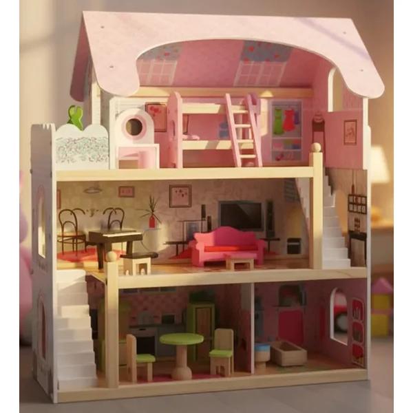 Casa de Muñecas Rosada de Madera con Muebles 16 Piezas