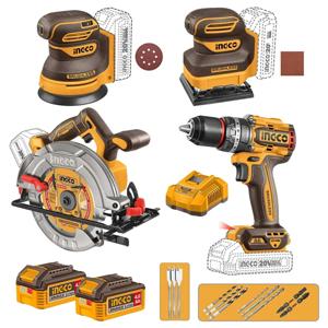 Set Taladro, Sierra Circular, Lijadora Rot y Orb + 2 Baterías y Cargador