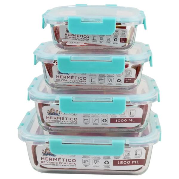 Set 4 Herméticos de Vidrio Borosilicato Fresh Lock Rectangulares Doral