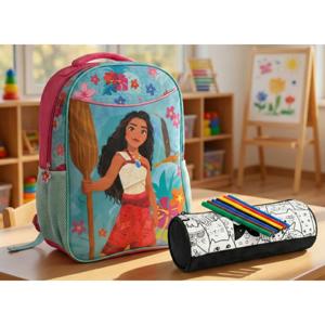 Combo Mochila Infantil Moana + Estuche Negro de Tela Para Colorear