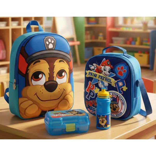 Combo Mochila Infantil 3D Face Paw + Lonchera 3D + Set Porta Sándwich + Botella Paw Patrol