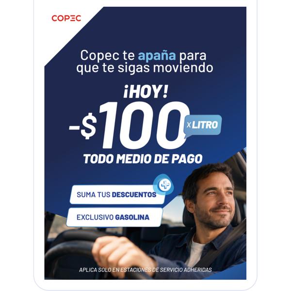 $100 dcto. por Litro en Gasolina en Copec en Comunas Seleccionadas