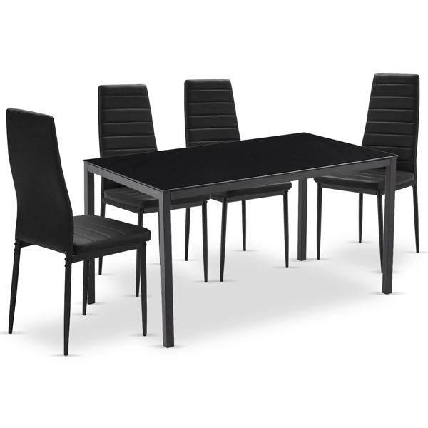 Comedor Mesa Vidrio 75x80x120cm + 4 Sillas PU Negro