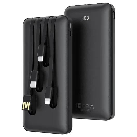 1Hora Batería Externa Power Bank 10000mAh con 4 Cables y Pantalla Digital Negro